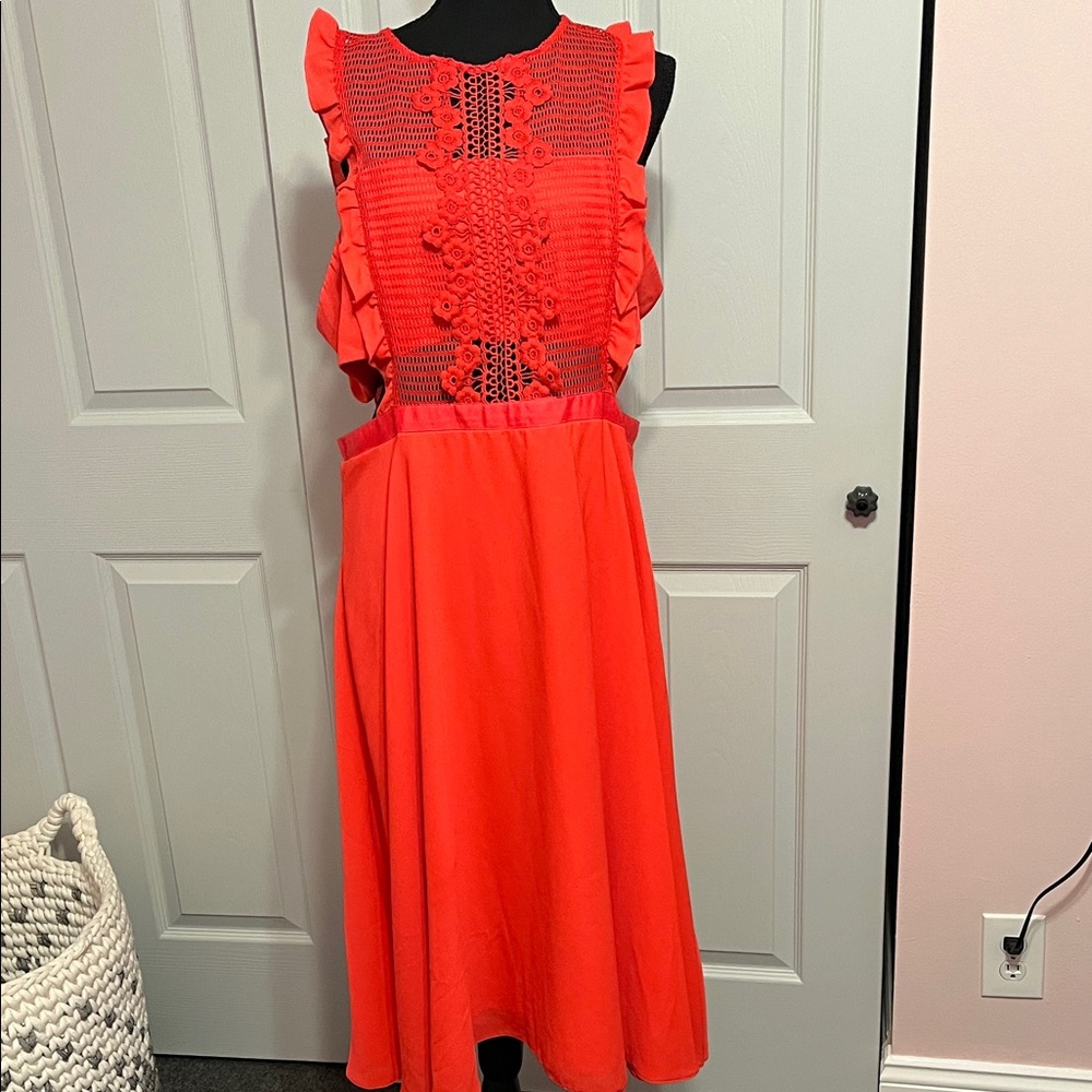 ASOS Coral Red Crochet-Trim Sleeveless Midi Dress
